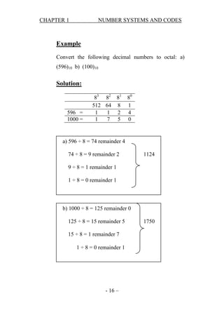 CHAPTER 1

NUMBER SYSTEMS AND CODES

Example
Convert the following decimal numbers to octal: a)
(596)10 b) (100)10

Solution:

596 =
1000 =

83 82 81
512 64 8
1
1 2
1
7 5

80
1
4
0

a) 596 ÷ 8 = 74 remainder 4
74 ÷ 8 = 9 remainder 2

1124

9 ÷ 8 = 1 remainder 1
1 ÷ 8 = 0 remainder 1

b) 1000 ÷ 8 = 125 remainder 0
125 ÷ 8 = 15 remainder 5
15 ÷ 8 = 1 remainder 7
1 ÷ 8 = 0 remainder 1

- 16 –

1750

 
