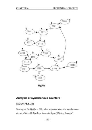 CHAPTER 6

SEQUENTIAL CIRCUITS

Analysis of synchronous counters
EXAMPLE 21:
Starting at QC QB QA = 000, what sequence does the synchronous
circuit of three D flip-flops shown in figure(53) step through ?
-197-

 
