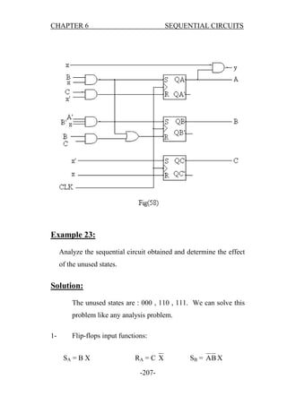 CHAPTER 6

SEQUENTIAL CIRCUITS

Example 23:
Analyze the sequential circuit obtained and determine the effect
of the unused states.

Solution:
The unused states are : 000 , 110 , 111. We can solve this
problem like any analysis problem.
1-

Flip-flops input functions:
SA = B X

RA = C X
-207-

SB = A B X

 