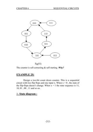 CHAPTER 6

SEQUENTIAL CIRCUITS

The counter is sell correcting & self starting. Why?

EXAMPLE 25:
Design a two-bit count down counter. This is a sequential
circuit with two flip flops and one input x. When x = 0 , the state of
the flip-flops doesn’t change. When x = 1 the state sequence is 11,
10, 01 , 00 , 11 and so on .

1- State diagram :

-212-

 