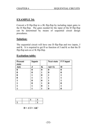 CHAPTER 6

SEQUENTIAL CIRCUITS

EXAMPLE 34:
Convert a D flip-flop to a JK flip-flop by including input gates to
the D flip-flop. The gates needed for the input of the D flip-flop
can be determined by means of sequential circuit design
procedures.

Solution:
The sequential circuit will have one D flip-flop and two inputs, J
and K. It is required to get D as function of J and K so that the D
flip-flop acts as a J K flip-flop.

Excitation table:
Present
state
A(t)
0
0
0
0
1
1
1
1

Inputs
J
0
0
1
1
0
0
1
1

1
1

Next state
K
0
1
0
1
0
1
0
1

F F input

A(t+1)
0
0
1
1
1
0
1
0

D
0
0
1
1
1
0
1
0

1
1

D = A’J + AK’

-232-

 