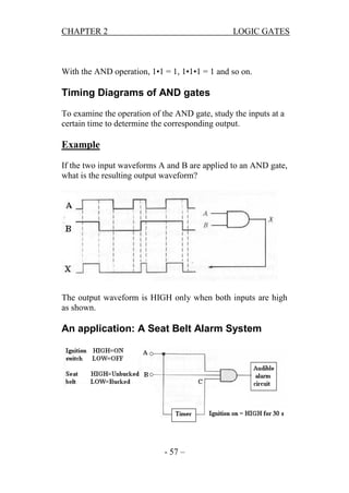 CHAPTER 2

LOGIC GATES

With the AND operation, 1•1 = 1, 1•1•1 = 1 and so on.

Timing Diagrams of AND gates
To examine the operation of the AND gate, study the inputs at a
certain time to determine the corresponding output.

Example
If the two input waveforms A and B are applied to an AND gate,
what is the resulting output waveform?

The output waveform is HIGH only when both inputs are high
as shown.

An application: A Seat Belt Alarm System

- 57 –

 