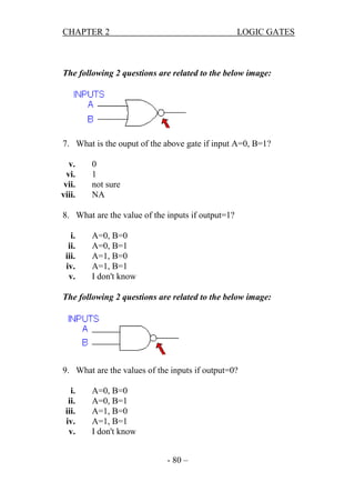 CHAPTER 2

LOGIC GATES

The following 2 questions are related to the below image:

7. What is the ouput of the above gate if input A=0, B=1?
v.
vi.
vii.
viii.

0
1
not sure
NA

8. What are the value of the inputs if output=1?
i.
ii.
iii.
iv.
v.

A=0, B=0
A=0, B=1
A=1, B=0
A=1, B=1
I don't know

The following 2 questions are related to the below image:

9. What are the values of the inputs if output=0?
i.
ii.
iii.
iv.
v.

A=0, B=0
A=0, B=1
A=1, B=0
A=1, B=1
I don't know
- 80 –

 