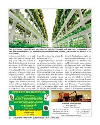 30 SOUTHERN TRADITIONS OUTDOORS | MARCH - APRIL 2020
cotton leaves, bolls, roots and
stem. This new technology will
help them to be able to send it
directly to the domestic livestock
operations. It will also open up
the cotton seed oil to be able to
be introduced in the commercial
oil market. Companies are now
preparing to add an HPPD-toler-
ant cotton trait to the market by
2024, that will target the caterpil-
lar pests also. Reinform-Resistant
Cotton will have Enlist technol-
ogy for herbicide tolerance and
Widestrike 3, which contains
three Bt proteins targeting the
bollworm (W3FE).
Vegetable farming is also look-
ing at major technology innova-
tions like indoor vertical farm-
ing, automation and robotics, and
modern greenhouse practices. In-
door vertical farming increases
crop yields, helps with the limited
farm land, and can even reduce
the impact on the environment.
This technique is usually hydro-
ponic (grown in nutrient rich
water) or aeroponic (plant roots
are sprayed with water and nu-
trients). Artificial grow lights are
used in lieu of the sunlight. As the
market grows for healthier veg-
etables the modern greenhouses
are becoming more tech-heavy,
using LED lights and automat-
ed control systems to perfectly
tailor the growing environment.
These greenhouses are popping
up near urban hubs to capitalize
on the ever-increasing demand
for local food, no matter the sea-
son. The use of organic fertilizer
and genetically engineered mi-
crobes to provide more nutrients
This is an indoor vertical farming operation that uses the hydroponic style and grows vegetables all year
long. This method reduces the amount of space needed to grow and also cuts down on any hazards to the
environment.
 