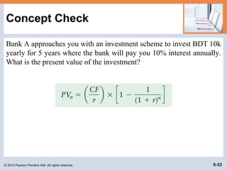 © 2012 Pearson Prentice Hall. All rights reserved. 5-33
Concept Check
Bank A approaches you with an investment scheme to invest BDT 10k
yearly for 5 years where the bank will pay you 10% interest annually.
What is the present value of the investment?
 