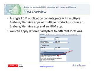Getting the Most out of FDM: Integrating with Essbase and Planning 
FDM Overview
• A single FDM application can integrate with multiple 
Essbase/Planning apps or multiple products such as anEssbase/Planning apps or multiple products such as an 
Essbase/Planning app and an HFM app.
• You can apply different adapters to different locations.You can apply different adapters to different locations.
www.finitsolutions.com
‐ 14 ‐
 
