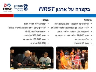 ‫ארגון‬ ‫על‬ ‫בקצרה‬FIRST
‫בעולם‬ ‫בישראל‬
•‫רווח‬ ‫מטרת‬ ‫ללא‬ ‫עמותה‬ •‫הטכניון‬ ‫של‬ ‫פרויקט‬–‫רווח‬ ‫מטרת‬ ‫ללא‬
•‫יו‬"‫דין‬ ‫ר‬‫קיימן‬–‫בעולם‬ ‫מוערך‬ ‫וממציא‬ ‫יזם‬ •‫יו‬"‫ר‬–‫נון‬ ‫בן‬ ‫אביהו‬(‫חיה‬ ‫מפקד‬ ‫לשעבר‬"‫א‬)
•4‫לגילאי‬ ‫תכניות‬6-18 •4‫מגן‬ ‫תכניות‬‫חובה‬-‫תיכון‬ ‫תלמידי‬
•‫מעל‬350,000‫תלמידים‬ •‫מעל‬10,000‫תלמידים‬‫מעורבים‬ ‫כבר‬
•‫מעל‬100,000‫מתנדבים‬ •‫מתנדבים‬ ‫אלפי‬
•35,000‫אירועים‬ •‫מעל‬50‫אירועים‬
 