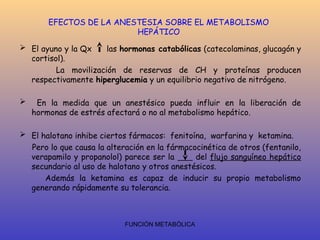 FUNCIÓN METABÓLICA
EFECTOS DE LA ANESTESIA SOBRE EL METABOLISMO
HEPÁTICO
 El ayuno y la Qx las hormonas catabólicas (catecolaminas, glucagón y
cortisol).
La movilización de reservas de CH y proteínas producen
respectivamente hiperglucemia y un equilibrio negativo de nitrógeno.
 En la medida que un anestésico pueda influir en la liberación de
hormonas de estrés afectará o no al metabolismo hepático.
 El halotano inhibe ciertos fármacos: fenitoína, warfarina y ketamina.
Pero lo que causa la alteración en la fármacocinética de otros (fentanilo,
verapamilo y propanolol) parece ser la del flujo sanguíneo hepático
secundario al uso de halotano y otros anestésicos.
Además la ketamina es capaz de inducir su propio metabolismo
generando rápidamente su tolerancia.
 