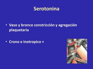 Serotonina
• Vaso y bronco constricción y agregación
plaquetaria
• Crono e inotropico +
 