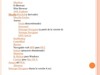 Maxthon
G-Browser
Slim Browser
AOL Explorer
Mozilla (Gecko) y derivados:
Mozilla Firefox
Aurora
Flock (descontinuado)
Iceweasel
Netscape Navigator (a partir de la versión 6)
Netstepe Navigator
GNU IceCat
SeaMonkey
CometBird
Beonex
Navegador web IBM para OS/2
Galeon (proyecto abandonado)
Skipstone
K-Meleon para Windows
Camino para Mac OS X
Amaya del W3C
Abrowse
Netscape Navigator (hasta la versión 4.xx)
 