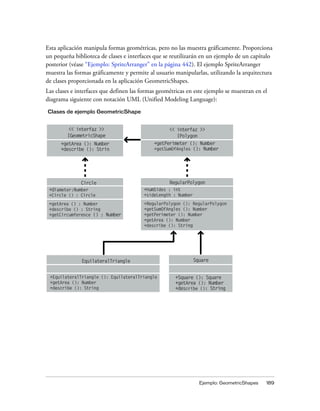 Esta aplicación manipula formas geométricas, pero no las muestra gráficamente. Proporciona
un pequeña biblioteca de clases e interfaces que se reutilizarán en un ejemplo de un capítulo
posterior (véase “Ejemplo: SpriteArranger” en la página 442). El ejemplo SpriteArranger
muestra las formas gráficamente y permite al usuario manipularlas, utilizando la arquitectura
de clases proporcionada en la aplicación GeometricShapes.
Las clases e interfaces que definen las formas geométricas en este ejemplo se muestran en el
diagrama siguiente con notación UML (Unified Modeling Language):
Clases de ejemplo GeometricShape


        << interfaz >>                             << interfaz >>
        IGeometricShape                               IPolygon
      +getArea (): Number                    +getPerimeter (): Number
      +describe (): Strin                    +getSumOfAngles (): Number




              Circle                               RegularPolygon
 +diameter:Number                       +numSides : int
 +Circle () : Circle                    +sideLength : Number
 +getArea () : Number                   +RegularPolygon (): RegularPolygon
 +describe () : String                  +getSumOfAngles (): Number
 +getCircumference () : Number          +getPerimeter (): Number
                                        +getArea (): Number
                                        +describe (): String




              EquilateralTriangle                              Square


 +EquilateralTriangle (): EquilateralTriangle        +Square (): Square
 +getArea (): Number                                 +getArea (): Number
 +describe (): String                                +describe (): String




                                                                 Ejemplo: GeometricShapes   189
 