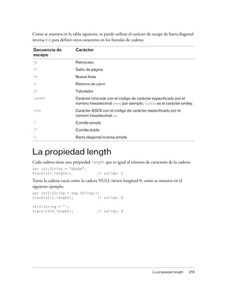 Como se muestra en la tabla siguiente, se puede utilizar el carácter de escape de barra diagonal
inversa () para definir otros caracteres en los literales de cadena:

Secuencia de             Carácter
escape
b                       Retroceso
f                       Salto de página
n                       Nueva línea
r                       Retorno de carro
t                       Tabulador
unnnn                   Carácter Unicode con el código de carácter especificado por el
                         número hexadecimal nnnn; por ejemplo, u263a es el carácter smiley.
xnn                     Carácter ASCII con el código de carácter especificado por el
                         número hexadecimal nn.
'                       Comilla simple
"                       Comilla doble
                       Barra diagonal inversa simple



La propiedad length
Cada cadena tiene una propiedad length que es igual al número de caracteres de la cadena:
var str:String = "Adobe";
trace(str.length);                     // salida: 5

Tanto la cadena vacía como la cadena NULL tienen longitud 0, como se muestra en el
siguiente ejemplo:
var str1:String = new String();
trace(str1.length);           // salida: 0

str2:String = '';
trace(str2.length);                    // salida: 0




                                                                       La propiedad length   213
 