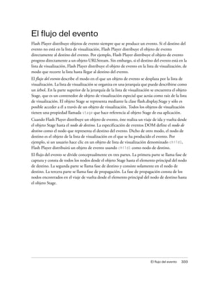 El flujo del evento
Flash Player distribuye objetos de evento siempre que se produce un evento. Si el destino del
evento no está en la lista de visualización, Flash Player distribuye el objeto de evento
directamente al destino del evento. Por ejemplo, Flash Player distribuye el objeto de evento
progress directamente a un objeto URLStream. Sin embargo, si el destino del evento está en la
lista de visualización, Flash Player distribuye el objeto de evento en la lista de visualización, de
modo que recorre la lista hasta llegar al destino del evento.
El flujo del evento describe el modo en el que un objeto de evento se desplaza por la lista de
visualización. La lista de visualización se organiza en una jerarquía que puede describirse como
un árbol. En la parte superior de la jerarquía de la lista de visualización se encuentra el objeto
Stage, que es un contenedor de objeto de visualización especial que actúa como raíz de la lista
de visualización. El objeto Stage se representa mediante la clase flash.display.Stage y sólo es
posible acceder a él a través de un objeto de visualización. Todos los objetos de visualización
tienen una propiedad llamada stage que hace referencia al objeto Stage de esa aplicación.
Cuando Flash Player distribuye un objeto de evento, éste realiza un viaje de ida y vuelta desde
el objeto Stage hasta el nodo de destino. La especificación de eventos DOM define el nodo de
destino como el nodo que representa el destino del evento. Dicho de otro modo, el nodo de
destino es el objeto de la lista de visualización en el que se ha producido el evento. Por
ejemplo, si un usuario hace clic en un objeto de lista de visualización denominado child1,
Flash Player distribuirá un objeto de evento usando child1 como nodo de destino.
El flujo del evento se divide conceptualmente en tres partes. La primera parte se llama fase de
captura y consta de todos los nodos desde el objeto Stage hasta el elemento principal del nodo
de destino. La segunda parte se llama fase de destino y consiste solamente en el nodo de
destino. La tercera parte se llama fase de propagación. La fase de propagación consta de los
nodos encontrados en el viaje de vuelta desde el elemento principal del nodo de destino hasta
el objeto Stage.




                                                                            El flujo del evento   333
 