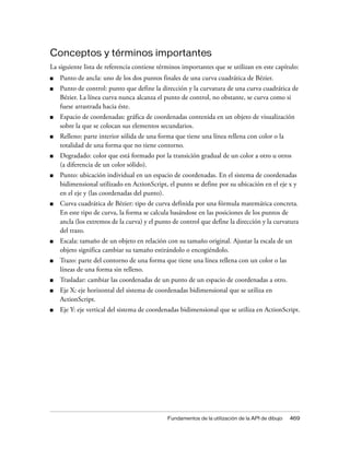 Conceptos y términos importantes
La siguiente lista de referencia contiene términos importantes que se utilizan en este capítulo:
■   Punto de ancla: uno de los dos puntos finales de una curva cuadrática de Bézier.
■   Punto de control: punto que define la dirección y la curvatura de una curva cuadrática de
    Bézier. La línea curva nunca alcanza el punto de control, no obstante, se curva como si
    fuese arrastrada hacia éste.
■   Espacio de coordenadas: gráfica de coordenadas contenida en un objeto de visualización
    sobre la que se colocan sus elementos secundarios.
■   Relleno: parte interior sólida de una forma que tiene una línea rellena con color o la
    totalidad de una forma que no tiene contorno.
■   Degradado: color que está formado por la transición gradual de un color a otro u otros
    (a diferencia de un color sólido).
■   Punto: ubicación individual en un espacio de coordenadas. En el sistema de coordenadas
    bidimensional utilizado en ActionScript, el punto se define por su ubicación en el eje x y
    en el eje y (las coordenadas del punto).
■   Curva cuadrática de Bézier: tipo de curva definida por una fórmula matemática concreta.
    En este tipo de curva, la forma se calcula basándose en las posiciones de los puntos de
    ancla (los extremos de la curva) y el punto de control que define la dirección y la curvatura
    del trazo.
■   Escala: tamaño de un objeto en relación con su tamaño original. Ajustar la escala de un
    objeto significa cambiar su tamaño estirándolo o encogiéndolo.
■   Trazo: parte del contorno de una forma que tiene una línea rellena con un color o las
    líneas de una forma sin relleno.
■   Trasladar: cambiar las coordenadas de un punto de un espacio de coordenadas a otro.
■   Eje X: eje horizontal del sistema de coordenadas bidimensional que se utiliza en
    ActionScript.
■   Eje Y: eje vertical del sistema de coordenadas bidimensional que se utiliza en ActionScript.




                                             Fundamentos de la utilización de la API de dibujo   469
 