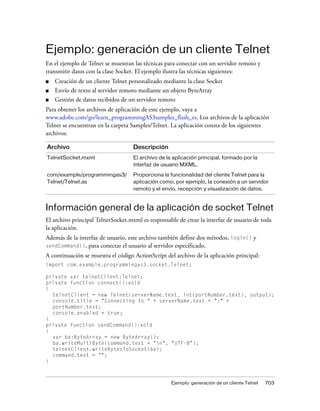 Ejemplo: generación de un cliente Telnet
En el ejemplo de Telnet se muestran las técnicas para conectar con un servidor remoto y
transmitir datos con la clase Socket. El ejemplo ilustra las técnicas siguientes:
■   Creación de un cliente Telnet personalizado mediante la clase Socket
■   Envío de texto al servidor remoto mediante un objeto ByteArray
■   Gestión de datos recibidos de un servidor remoto
Para obtener los archivos de aplicación de este ejemplo, vaya a
www.adobe.com/go/learn_programmingAS3samples_flash_es. Los archivos de la aplicación
Telnet se encuentran en la carpeta Samples/Telnet. La aplicación consta de los siguientes
archivos:

Archivo                             Descripción
TelnetSocket.mxml                   El archivo de la aplicación principal, formado por la
                                    interfaz de usuario MXML.

com/example/programmingas3/         Proporciona la funcionalidad del cliente Telnet para la
Telnet/Telnet.as                    aplicación como, por ejemplo, la conexión a un servidor
                                    remoto y el envío, recepción y visualización de datos.


Información general de la aplicación de socket Telnet
El archivo principal TelnetSocket.mxml es responsable de crear la interfaz de usuario de toda
la aplicación.
Además de la interfaz de usuario, este archivo también define dos métodos, login() y
sendCommand(), para conectar el usuario al servidor especificado.
A continuación se muestra el código ActionScript del archivo de la aplicación principal:
import com.example.programmingas3.socket.Telnet;

private var telnetClient:Telnet;
private function connect():void
{
  telnetClient = new Telnet(serverName.text, int(portNumber.text), output);
  console.title = "Connecting to " + serverName.text + ":" +
  portNumber.text;
  console.enabled = true;
}
private function sendCommand():void
{
  var ba:ByteArray = new ByteArray();
  ba.writeMultiByte(command.text + "n", "UTF-8");
  telnetClient.writeBytesToSocket(ba);
  command.text = "";
}



                                                    Ejemplo: generación de un cliente Telnet   703
 