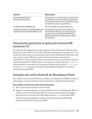 Archivo                                         Descripción
ExternalInterfaceProxy/                         Esta clase es un valor de objeto que representa
ExternalInterfaceCall.cs                        una llamada a una función desde ActionScript
                                                al contenedor ActiveX, con propiedades para el
                                                nombre de función y los parámetros.

bin/Debug/IntrovertIMApp.swf                    El archivo SWF que carga la aplicación.

obj/AxInterop.ShockwaveFlashObjects.dll, Ensamblados de envolventes creados por
obj/Interop.ShockwaveFlashObjects.dll    Visual Studio .NET que son necesarios para
                                         acceder al control ActiveX de Flash Player
                                         (Adobe Shockwave® Flash) desde el código
                                         administrado.



Información general de la aplicación Introvert IM
escrita en C#
Esta aplicación de ejemplo representa dos programas cliente de mensajería instantánea (uno
dentro de un archivo SWF y otro creado con Windows Forms) que se comunican entre sí. La
interfaz de usuario incluye una instancia del control ActiveX de Shockwave Flash, dentro del
cual se carga el archivo SWF que contiene el cliente de mensajería instantánea de
ActionScript. La interfaz también incluye varios campos de texto que constituyen el cliente de
mensajería instantánea de Windows Forms: un campo para escribir mensajes (MessageText),
otro que muestra la transcripción de los mensajes enviados entre los clientes (Transcript) y
un tercero (Status) que muestra el estado de disponibilidad establecido en el cliente de
mensajería instantánea SWF.


Inclusión del control ActiveX de Shockwave Flash
Para incluir el control ActiveX de Shockwave Flash en una aplicación de Windows Forms, en
primer lugar es necesario añadirlo al cuadro de herramientas de Microsoft Visual Studio.

Para añadir el control al cuadro de herramientas:
1.   Abra el cuadro de herramientas de Visual Studio.
2.   Haga clic con el botón derecho en la sección Windows Forms en Visual Studio 2003 o en
     cualquier sección en Visual Studio 2005. En el menú contextual, seleccione Agregar o
     quitar elementos en Visual Studio 2003 (Elegir elementos... en Visual Studio 2005).
     Se abrirá el cuadro de diálogo Personalizar cuadro de herramientas (2003)/Elegir
     elementos del cuadro de herramientas (2005).




                               Ejemplo: utilización de la API externa con un contenedor ActiveX   769
 