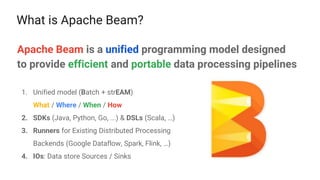 What is Apache Beam?
1. Unified model (Batch + strEAM)
What / Where / When / How
2. SDKs (Java, Python, Go, ...) & DSLs (Scala, …)
3. Runners for Existing Distributed Processing
Backends (Google Dataflow, Spark, Flink, …)
4. IOs: Data store Sources / Sinks
Apache Beam is a unified programming model designed
to provide efficient and portable data processing pipelines
 
