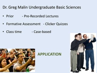Dr. Greg Malin Undergraduate Basic Sciences
• Prior - Pre-Recorded Lectures
• Formative Assessment - Clicker Quizzes
• Class time - Case-based
APPLICATION
 