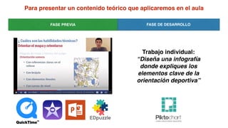 Para presentar un contenido teórico que aplicaremos en el aula
FASE DE DESARROLLOFASE PREVIA
Trabajo individual:
“Diseña una infografía
donde expliques los
elementos clave de la
orientación deportiva”
 
