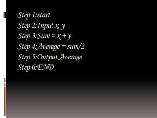 Step 1:start 
Step 2:Input x, y 
Step 3:Sum = x + y 
Step 4:Average = sum/2 
Step 5:Output Average 
Step 6:END 
