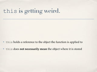 this is getting weird.
✤ this holds a reference to the object the function is applied to
✤ this does not necessarily mean the object where it is stored
 