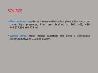SOURCE
• Mercury lamp : produces intense radiation but gives a line spectrum.
Under high pressures, lines are obtained at 366 ,405, 436,
446,577,691 and 773 nm
• Xenon lamp: more intense radiation and gives a continuous
spectrum between 250 and 660nm.
 