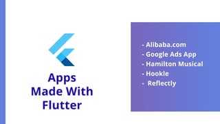 Apps
Made With
Flutter
- Alibaba.com
- Google Ads App
- Hamilton Musical
- Hookle
- Reflectly
 