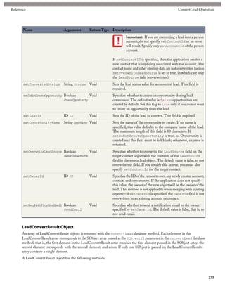 Reference                                                                                                          ConvertLead Operation




       Name                       Arguments        Return Type Description
                                                                            Important: If you are converting a lead into a person
                                                                            account, do not specify setContactId or an error
                                                                            will result. Specify only setAccountId of the person
                                                                            account.

                                                                   If setContactID is specified, then the application creates a
                                                                   new contact that is implicitly associated with the account. The
                                                                   contact name and other existing data are not overwritten (unless
                                                                   setOverwriteLeadSource is set to true, in which case only
                                                                   the LeadSource field is overwritten).
       setConvertedStatus         String Status Void               Sets the lead status value for a converted lead. This field is
                                                                   required.
       setDoNotCreateOpportunity Boolean           Void            Specifies whether to create an opportunity during lead
                                 CreateOpportunity                 conversion. The default value is false: opportunities are
                                                                   created by default. Set this flag to true only if you do not want
                                                                   to create an opportunity from the lead.
       setLeadId                  ID ID            Void            Sets the ID of the lead to convert. This field is required.
       setOpportunityName         String OppName Void              Sets the name of the opportunity to create. If no name is
                                                                   specified, this value defaults to the company name of the lead.
                                                                   The maximum length of this field is 80 characters. If
                                                                   setDoNotCreateOpportunity is true, no Opportunity is
                                                                   created and this field must be left blank; otherwise, an error is
                                                                   returned.
       setOverwriteLeadSource Boolean    Void                      Specifies whether to overwrite the LeadSource field on the
                              Oewieedore
                               vrrtLaSuc                           target contact object with the contents of the LeadSource
                                                                   field in the source lead object. The default value is false, to not
                                                                   overwrite the field. If you specify this as true, you must also
                                                                   specify setContactId for the target contact.
       setOwnerId                 ID ID            Void            Specifies the ID of the person to own any newly created account,
                                                                   contact, and opportunity. If the application does not specify
                                                                   this value, the owner of the new object will be the owner of the
                                                                   lead. This method is not applicable when merging with existing
                                                                   objects—if setOwnerId is specified, the ownerId field is not
                                                                   overwritten in an existing account or contact.
       setSendNotificationEmail Boolean            Void            Specifies whether to send a notification email to the owner
                                SendEmail                          specified by setOwnerId. The default value is false, that is, to
                                                                   not send email.


      LeadConvertResult Object
      An array of LeadConvertResult objects is returned with the convertLead database method. Each element in the
      LeadConvertResult array corresponds to the SObject array passed as the SObject[] parameter in the convertLead database
      method, that is, the first element in the LeadConvertResult array matches the first element passed in the SObject array, the
      second element corresponds with the second element, and so on. If only one SObject is passed in, the LeadConvertResults
      array contains a single element.
      A LeadConvertResult object has the following methods:




                                                                                                                                         271
 