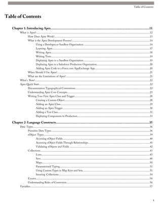 Table of Contents


Table of Contents

   Chapter 1: Introducing Apex...............................................................................................................11
          What is Apex?.........................................................................................................................................................................12
                How Does Apex Work?..............................................................................................................................................13
                What is the Apex Development Process?....................................................................................................................14
                       Using a Developer or Sandbox Organization...................................................................................................14
                       Learning Apex.................................................................................................................................................17
                       Writing Apex...................................................................................................................................................18
                       Writing Tests...................................................................................................................................................19
                       Deploying Apex to a Sandbox Organization...................................................................................................19
                       Deploying Apex to a Salesforce Production Organization...............................................................................20
                       Adding Apex Code to a Force.com AppExchange App..................................................................................20
                When Should I Use Apex?..........................................................................................................................................21
                What are the Limitations of Apex?.............................................................................................................................21
          What's New?...........................................................................................................................................................................22
          Apex Quick Start.....................................................................................................................................................................22
                Documentation Typographical Conventions...............................................................................................................22
                Understanding Apex Core Concepts...........................................................................................................................23
                Writing Your First Apex Class and Trigger................................................................................................................28
                       Creating a Custom Object...............................................................................................................................28
                       Adding an Apex Class.....................................................................................................................................29
                       Adding an Apex Trigger..................................................................................................................................30
                       Adding a Test Class.........................................................................................................................................31
                       Deploying Components to Production............................................................................................................33

   Chapter 2: Language Constructs.........................................................................................................35
          Data Types..............................................................................................................................................................................36
                 Primitive Data Types...................................................................................................................................................36
                 sObject Types..............................................................................................................................................................39
                            Accessing sObject Fields..................................................................................................................................40
                            Accessing sObject Fields Through Relationships............................................................................................41
                            Validating sObjects and Fields .......................................................................................................................42
                 Collections...................................................................................................................................................................43
                            Lists.................................................................................................................................................................43
                            Sets..................................................................................................................................................................48
                            Maps................................................................................................................................................................50
                            Parameterized Typing......................................................................................................................................51
                            Using Custom Types in Map Keys and Sets....................................................................................................51
                            Iterating Collections........................................................................................................................................54
                 Enums.........................................................................................................................................................................54
                 Understanding Rules of Conversion............................................................................................................................56
          Variables..................................................................................................................................................................................57




                                                                                                                                                                                                          i
 