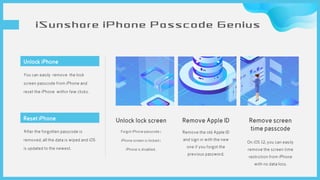 Unlock lock screen
Forgot iPhone passcode;
iPhone screen is locked;
iPhone is disabled .
Remove Apple ID
Remove the old Apple ID
and sign in with the new
one if you forgot the
previous password.
Remove screen
time passcode
On iOS 12, you can easily
remove the screen time
restriction from iPhone
with no data loss.
Unlock iPhone
You can easily remove the lock
screen passcode from iPhone and
reset the iPhone within few clicks.
Reset iPhone
After the forgotten passcode is
removed, all the data is wiped and iOS
is updated to the newest.
iSunshare iPhone Passcode Genius
 