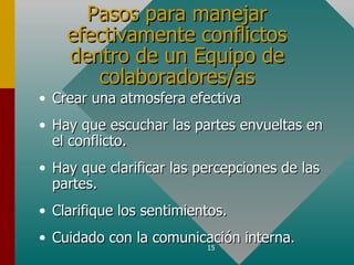 Pasos para manejar
    efectivamente conflictos
    dentro de un Equipo de
       colaboradores/as
• Crear una atmosfera efectiva
• Hay que escuchar las partes envueltas en
  el conflicto.
• Hay que clarificar las percepciones de las
  partes.
• Clarifique los sentimientos.
• Cuidado con la comunicación interna.
                        15
 