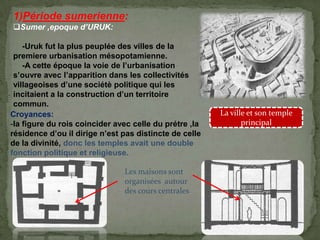 1)Période sumerienne:
Sumer ,epoque d’URUK:
-Uruk fut la plus peuplée des villes de la
premiere urbanisation mésopotamienne.
-A cette époque la voie de l’urbanisation
s’ouvre avec l’apparition dans les collectivités
villageoises d’une sociétè politique qui les
incitaient a la construction d’un territoire
commun.
La ville et son temple
principal
Croyances:
-la figure du rois coincider avec celle du prétre ,la
résidence d’ou il dirige n’est pas distincte de celle
de la divinité, donc les temples avait une double
fonction politique et religieuse.
Les maisons sont
organisées autour
des cours centrales
 