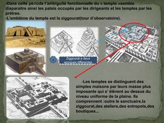 -Dans cette période l’ambiguité fonctionnelle du « temple »semble
disparaitre ainsi les palais occupés par les dirigeants et les temples par les
prétres.
-L’embléme du temple est la ziggourat(tour d’observatoire).
Ziggourat a deux
epoques differentes
1
-Les temples se distinguent des
simples maisons par leurs masse plus
imposante qui s’ élèvent au dessus du
niveau uniforme de la plaine. Ils
comprennent :outre le sanctuaire,la
ziggourat,des ateliers,des entrepots,des
boutiques...
 