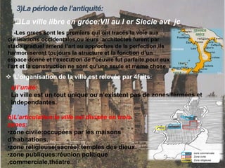 -Les grecs sont les premiers qui ont tracés la voie aux
civilisations occidentales,ou leurs architectes furent par
stade graduel amené l’art au approches de la perfection,ils
harmoniserent toujours la structure et la fonction d’un
espace donné et l’execution de l’oeuvre fut parfaite,pour eux
l’art et la construction ne sont qu’une seule et meme chose.
La ville libre en gréce:VII au I er Siecle avt jc
 L’organisation de la ville est relevée par 4faits:
a)l’unité:
La ville est un tout unique ou n’existent pas de zones férmées et
independantes.
b)L’articulation:la ville est divisée en trois
zones:
•zone civile:occupées par les maisons
d’habitations.
•zone religieuse(sacrée):temples des dieux.
•zone publiques:réunion politique
,commerciale,théatre...
zone commerciale
Zone civile
Zone religieuse
 