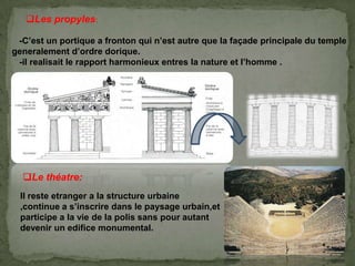 Les propyles:
-C’est un portique a fronton qui n’est autre que la façade principale du temple
generalement d’ordre dorique.
-il realisait le rapport harmonieux entres la nature et l’homme .
Le théatre:
Il reste etranger a la structure urbaine
,continue a s’inscrire dans le paysage urbain,et
participe a la vie de la polis sans pour autant
devenir un edifice monumental.
 