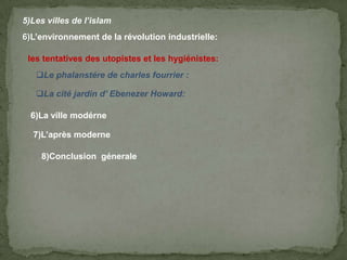 5)Les villes de l’islam
6)L’environnement de la révolution industrielle:
les tentatives des utopistes et les hygiénistes:
Le phalanstére de charles fourrier :
La cité jardin d’ Ebenezer Howard:
6)La ville modérne
7)L’après moderne
8)Conclusion génerale
 