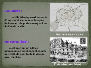 Les limites :
La ville islamique est entourée
d’une muraille continue flanquée
de tours et de portes marquant les
limites de la ville.
les portes (Bab) :
c’est souvent un édifice
monumentale fonctionnant comme
un vestibule pour toute la ville,un
seuil d’entrée.
Plan de la medina a tunis
Porte bab el oued (alger)
 