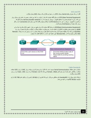 "‫"امان‬ ‫هللا‬ ‫محب‬ :‫وترتیب‬ ‫تهیه‬ 33
DCE and DTE
‫مجرای‬ ‫یک‬ ‫در‬ ‫اکثرا‬Serial Link‫وسیلهء‬DTE‫وسیلهء‬ ‫یک‬ ‫دیگرآن‬ ‫مجرای‬ ‫در‬ ‫و‬DCE.‫میگردد‬ ‫وصل‬
DTE (Data Terminal Equipment)‫روتر‬ ‫وسایل‬ ‫این‬ ‫عادی‬ ‫بصورت‬ ‫و‬ ‫نماید‬ ‫می‬ ‫اخذ‬ ‫یا‬ ‫و‬ ‫تولید‬ ‫را‬ ‫دیتا‬ ‫که‬ ‫میشوند‬ ‫گفته‬ ‫وسایل‬ ‫به‬
‫بصورت‬ ‫میتوانیم‬ ‫ما‬ ‫ولی‬ .‫باشد‬ ‫می‬‫با‬ ‫را‬ ‫ها‬ ‫وترمینل‬ ‫پرینتر‬ ، ‫کمپیوتر‬ ‫مستقیم‬Service provider network‫که‬ ‫کنیم‬ ‫وصل‬
‫نام‬ ‫به‬ ‫نیز‬ ‫را‬ ‫پرینتر‬ ، ‫کمپیوتر‬ ‫درآنصورت‬DTE Device.‫میکنند‬ ‫یاد‬‫ختم‬ ‫وسایل‬ ‫این‬ ‫که‬ ‫گفت‬ ‫ومیتوان‬connection‫واگر‬ .‫است‬
‫آن‬ ‫بایدبه‬ ‫باشد‬ ‫روتر‬End Device.‫گردد‬ ‫وصل‬
DCE(Data Communication Equipment)‫که‬ ‫میشوند‬ ‫گفته‬ ‫وسایل‬ ‫به‬‫برای‬ ‫دیتا‬ ‫وفارمت‬ ‫شکل‬ ‫تعیین‬ ، ‫سرعت‬ ‫تعیین‬ ‫برای‬
WAN‫ویا‬‫هردوطرف‬ ‫در‬ ‫شده‬ ‫استفاده‬ ‫تکنالوژی‬ ‫به‬ ‫مطابق‬ ‫بعدی‬ ‫میدیای‬‫ویا‬ ‫روتر‬ ‫معموال‬ ‫که‬ ‫وسایل‬ ‫اینگونه‬ .‫میگردد‬ ‫،استفاده‬
CSU/DSU‫برای‬ ‫قبول‬ ‫قابل‬ ‫فارمت‬ ‫به‬ ‫دیتا‬ ‫کردن‬ ‫تبدیل‬ ‫وظیفهء‬ ‫اوال‬ ‫باشد‬ ‫می‬‫وسیلهء‬ ‫به‬ ‫آنرا‬ ‫وسپس‬ ‫دارد‬ ‫را‬ ‫بعدی‬ ‫لینک‬Remote
DCE‫در‬ ‫که‬ ‫میفرسید‬ ‫دیگری‬Remote DCE‫به‬ ‫و‬ ‫شده‬ ‫اجرا‬ ‫عملیه‬ ‫عین‬DTE.‫میشود‬ ‫داده‬ ‫انتقال‬
Cable Standards
‫مختلف‬ ‫های‬ ‫ستاندارد‬Serial Communication‫روتر‬ ‫وسیلهء‬ ‫کردن‬ ‫وصل‬ ‫برای‬ ‫اکثرا‬ ‫که‬ .‫است‬ ‫موجود‬DCE‫روتر‬ ‫با‬DTE‫استفاده‬
.‫میگردد‬‫مجراهای‬ ‫دارای‬ ‫آنها‬ ‫های‬ ‫وکنکتور‬Male‫و‬Female‫طرف‬ ‫که‬ ‫باشد‬ ‫می‬Female‫روتر‬ ‫به‬ ‫آن‬DCE‫و‬male‫روتر‬ ‫در‬ ‫آن‬
DTE.‫میگردد‬ ‫وصل‬
‫با‬ ‫ما‬ ‫سلایر‬ ‫های‬ ‫درلینک‬bandwidth‫آن‬ ‫کمترین‬ ‫که‬ ‫داریم‬ ‫سروکار‬ ‫مختلفی‬ ‫های‬56 kb/s‫های‬ ‫درکیبل‬ ‫آن‬ ‫وآخرین‬OC-768‫دارای‬
‫ظرفیت‬398.13‫گیگابی‬.‫باشد‬ ‫می‬ ‫ثانیه‬ ‫در‬ ‫ت‬
 