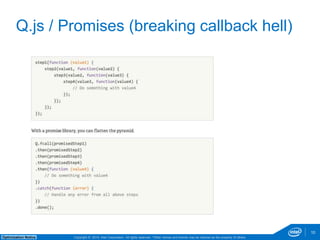 Copyright © 2014, Intel Corporation. All rights reserved. *Other names and brands may be claimed as Optimization Notice the property of others. 
10 
Q.js / Promises (breaking callback hell) 
 