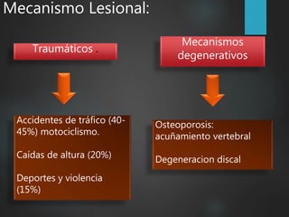 Mecanismo Lesional:
Traumáticos .
Accidentes de tráfico (40-
45%) motociclismo.
Caídas de altura (20%)
Deportes y violencia
(15%)
Mecanismos
degenerativos
Osteoporosis:
acuñamiento vertebral
Degeneracion discal
 