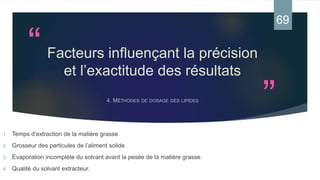 “
”
Facteurs influençant la précision
et l’exactitude des résultats
4. MÉTHODES DE DOSAGE DES LIPIDES
1. Temps d’extraction de la matière grasse
2. Grosseur des particules de l’aliment solide
3. Évaporation incomplète du solvant avant la pesée de la matière grasse.
4. Qualité du solvant extracteur.
69
 