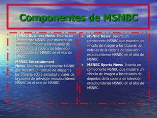 Componentes de MSNBC MSNBC Business News   Inserta un componente MSNBC que muestra un vínculo de imagen a los titulares de negocios de la cadena de televisión estadounidense MSNBC en el sitio de MSNBC.  MSNBC Entertainment News   Inserta un componente MSNBC que muestra un vínculo de imagen a los titulares sobre sociedad y viajes de la cadena de televisión estadounidense MSNBC en el sitio de MSNBC.  MSNBC News   Inserta un componente MSNBC que muestra un vínculo de imagen a los titulares de noticias de la cadena de televisión estadounidense MSNBC en el sitio de MSNBC.  MSNBC Sports News   Inserta un componente MSNBC que muestra un vínculo de imagen a los titulares de deportes de la cadena de televisión estadounidense MSNBC en el sitio de MSNBC.  
