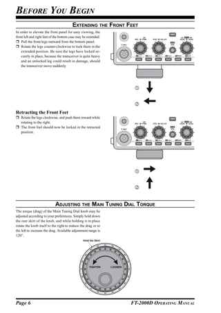 BEFORE YOU BEGIN
                                         EXTENDING THE FRONT FEET
In order to elevate the front panel for easy viewing, the
front left and right feet of the bottom case may be extended.
    Pull the front legs outward from the bottom panel.
    Rotate the legs counter-clockwise to lock them in the
    extended position. Be sure the legs have locked se-
    curely in place, because the transceiver is quite heavy
    and an unlocked leg could result in damage, should
    the transceiver move suddenly.




Retracting the Front Feet
   Rotate the legs clockwise, and push them inward while
   rotating to the right.
   The front feel should now be locked in the retracted
   position.




                            ADJUSTING THE MAIN TUNING DIAL TORQUE
The torque (drag) of the Main Tuning Dial knob may be
adjusted according to your preferences. Simply hold down
the rear skirt of the knob, and while holding it in place
rotate the knob itself to the right to reduce the drag or to
the left to increase the drag. Available adjustment range is
120°.
                                                Hold the Skirt




                                                     TIGHTEN     LOOSEN




Page 6                                                                    FT-2000D OPERATING MANUAL
 
