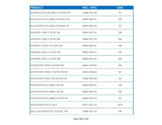 PRODUCT NDC / MFG UOM
RABEPRAZOLE DR 20MG YLW/RND 90 13668-0107-90 90
RALOXIFENE HCL 60MG WH RND 100 69097-0825-07 100
RALOXIFENE HCL 60MG WH RND 30 69097-0825-02 30
RAMIPRIL 10MG CAP BU 100 65862-0477-01 100
RAMIPRIL 10MG CAP BU 500 65862-0477-05 500
RAMIPRIL 2.5MG CAP ORN 100 65862-0475-01 100
RAMIPRIL 5MG CAP RED 100 65862-0476-01 100
RAMIPRIL 5MG CAP RED 500 65862-0476-05 500
RANITIDINE 150MG PK RND 500 68462-0248-05 500
RANITIDINE 150MG TAB PK RND 60 68462-0248-60 60
RANITIDINE 75MG TAB PK/RND 30 51660-0352-30 30
RANITIDINE HCL 300MG PK 100 68462-0249-01 100
RANITIDINE HCL 300MG PK 250 68462-0249-20 250
RANITIDINE HCL 300MG PK RND 30 68462-0249-30 30
RANITIDINE SYRUP 16OZ 00121-0727-16 16OZ
REGULAR STRENGTH TYLENOL 100 57896-0101-01 100
Page 100 of 123
 