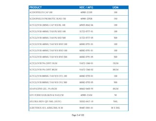 PRODUCT NDC / MFG UOM
ACIDOPHILUS CAP 100 40985-21339 100
ACIDOPHILUS PROBIOTIC BLND 150 40985-22928 150
ACYCLOVIR 200MG CAP WH/BL 100 60505-0042-06 100
ACYCLOVIR 400MG TAB PK SHD 100 31722-0777-01 100
ACYCLOVIR 400MG TAB PK SHD 500 31722-0777-05 500
ACYCLOVIR 400MG TAB WH RND 100 68382-0791-01 100
ACYCLOVIR 400MG TAB WH RND 100 68382-0791-01 100
ACYCLOVIR 400MG TAB WH RND 500 68382-0791-05 500
ACYCLOVIR 5% OINT 15GM 51672-1360-01 15GM
ACYCLOVIR 5% OINT 30GM 51672-1360-02 30GM
ACYCLOVIR 800MG TAB WH OVL 100 68382-0792-01 100
ACYCLOVIR 800MG TAB WH OVL 500 68382-0792-05 500
ADAPALENE GEL .1% 45GM 68462-0403-55 45GM
ADV FORM HAIR,SKIN & NAILS 50 40985-21434 50
AFLURIA MDV QIV 5ML (10 DV) 33332-0417-10 5ML
ALBUTEROL SUL .63MG/3ML IS 30 00487-0301-01 30 X 3ML
Page 2 of 123
 