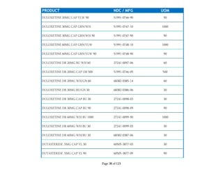 PRODUCT NDC / MFG UOM
DULOXETINE 20MG CAP YLW 90 51991-0746-90 90
DULOXETINE 30MG CAP GRN/WH 51991-0747-10 1000
DULOXETINE 30MG CAP GRN/WH 90 51991-0747-90 90
DULOXETINE 60MG CAP GRN/YLW 51991-0748-10 1000
DULOXETINE 60MG CAP GRN/YLW 90 51991-0748-90 90
DULOXETINE DR 20MG BU WH 60 27241-0097-06 60
DULOXETINE DR 20MG CAP OR 500 51991-0746-05 500
DULOXETINE DR 20MG WH/GN 60 68382-0385-14 60
DULOXETINE DR 30MG BU/GN 30 68382-0386-06 30
DULOXETINE DR 30MG CAP BU 30 27241-0098-03 30
DULOXETINE DR 30MG CAP BU 90 27241-0098-09 90
DULOXETINE DR 60MG WH BU 1000 27241-0099-90 1000
DULOXETINE DR 60MG WH BU 30 27241-0099-03 30
DULOXETINE DR 60MG WH/BU 30 68382-0387-06 30
DUTASTERIDE .5MG CAP YL 30 60505-3877-03 30
DUTASTERIDE .5MG CAP YL 90 60505-3877-09 90
Page 38 of 123
 