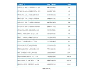 PRODUCT NDC / MFG UOM
ENALAPRIL MALEATE 20MG TAB 100 64679-0926-02 100
ENALAPRIL MALEATE 20MG TAB 100 68682-0713-01 100
ENALAPRIL MALEATE 5MG TAB 100 64679-0924-02 100
ENALAPRIL MALEATE 5MG TAB 100 68682-0711-01 100
ENALAPRIL MALEATE 5MG TAB 1000 64679-0924-03 1000
ENALAPRIL MALEATE 5MG TAB 1000 68682-0711-10 1000
ENALAPRIL/HCTZ 10/25MG TAB 100 00713-1052-01 100
ENTACAPONE 200MG OR OVL 100 65862-0654-01 100
ENTECAVIR .5MG TAB WH/TRI 30 31722-0833-30 30
ENTECAVIR 1MG TAB PK/TRI 30 31722-0834-30 30
ENTERIC COATED ASPIRIN 1000 57896-0921-10 1000
ENTERIC COATED ASPIRIN TAB 100 57896-0921-01 100
EPINASTINE HCL .05% OPSL 5ML 70069-0008-01 5ML
ERYTHRO .5% OPHTH OINT 3.5GM 24208-0910-55 3.5GM
ERYTHRO-BENZ PEROX GEL 23.3GM 68682-0900-23 23.3 GM
ERYTHRO-BENZ PEROX GEL 46.6GM 68682-0901-46 46.6G
Page 40 of 123
 