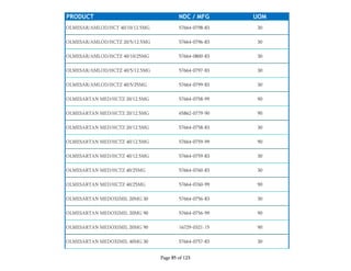 PRODUCT NDC / MFG UOM
OLMESAR/AMLOD/HCT 40/10/12.5MG 57664-0798-83 30
OLMESAR/AMLOD/HCTZ 20/5/12.5MG 57664-0796-83 30
OLMESAR/AMLOD/HCTZ 40/10/25MG 57664-0800-83 30
OLMESAR/AMLOD/HCTZ 40/5/12.5MG 57664-0797-83 30
OLMESAR/AMLOD/HCTZ 40/5/25MG 57664-0799-83 30
OLMESARTAN MED/HCTZ 20/12.5MG 57664-0758-99 90
OLMESARTAN MED/HCTZ 20/12.5MG 65862-0779-90 90
OLMESARTAN MED/HCTZ 20/12.5MG 57664-0758-83 30
OLMESARTAN MED/HCTZ 40/12.5MG 57664-0759-99 90
OLMESARTAN MED/HCTZ 40/12.5MG 57664-0759-83 30
OLMESARTAN MED/HCTZ 40/25MG 57664-0760-83 30
OLMESARTAN MED/HCTZ 40/25MG 57664-0760-99 90
OLMESARTAN MEDOXIMIL 20MG 30 57664-0756-83 30
OLMESARTAN MEDOXIMIL 20MG 90 57664-0756-99 90
OLMESARTAN MEDOXIMIL 20MG 90 16729-0321-15 90
OLMESARTAN MEDOXIMIL 40MG 30 57664-0757-83 30
Page 85 of 123
 