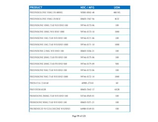 PRODUCT NDC / MFG UOM
PREDNISOLONE 15MG OS 480ML 50383-0042-48 480 ML
PREDNISOLONE 15MG OS 8OZ 00603-1567-56 8OZ
PREDNISONE 10MG TAB WH RND 100 59746-0173-06 100
PREDNISONE 10MG WH RND 1000 59746-0173-10 1000
PREDNISONE 1MG TAB WH RND 100 59746-0171-06 100
PREDNISONE 1MG TAB WH/RND 1000 59746-0171-10 1000
PREDNISONE 2.5MG WH RND 100 00603-5336-21 100
PREDNISONE 20MG TAB PH RND 100 59746-0175-06 100
PREDNISONE 20MG TAB PH RND 500 59746-0175-09 500
PREDNISONE 5MG TAB WH RND 100 59746-0172-06 100
PREDNISONE 5MG TAB WH RND 1000 59746-0172-10 1000
PRENATAL TAB 60 40985-27310 60
PREVIFEM 6X28 00603-7642-17 6X28
PRIMIDONE 250MG TAB WH RND 100 53746-0545-01 100
PRIMIDONE 50MG TAB WH RND 100 00603-5371-21 100
PROBENECID W/COLCHICINE WH/RND 64980-0149-01 100
Page 95 of 123
 