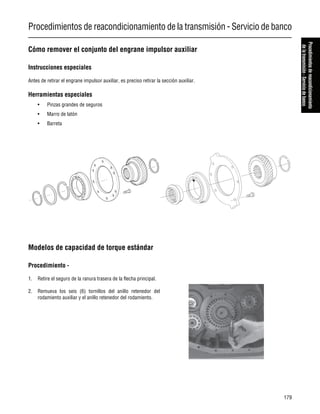 Procedimientos de reacondicionamiento de la transmisión - Servicio de banco
179
Procedimientosdereacondicionamiento
delatransmisión-Serviciodebanco
Cómo remover el conjunto del engrane impulsor auxiliar
Instrucciones especiales
Antes de retirar el engrane impulsor auxiliar, es preciso retirar la sección auxiliar.
Herramientas especiales
• Pinzas grandes de seguros
• Marro de latón
• Barreta
Modelos de capacidad de torque estándar
Procedimiento -
1. Retire el seguro de la ranura trasera de la flecha principal.
2. Remueva los seis (6) tornillos del anillo retenedor del
rodamiento auxiliar y el anillo retenedor del rodamiento.
 